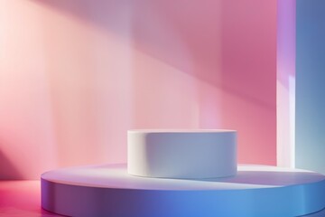 Poster - A white podium sits on a larger platform against a pastel-colored wall with soft lighting