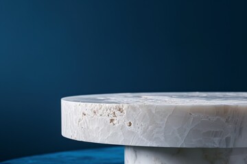 Poster - A white marble pedestal with soft, diffused lighting highlighting its surface. The pedestal is set against a dark blue background