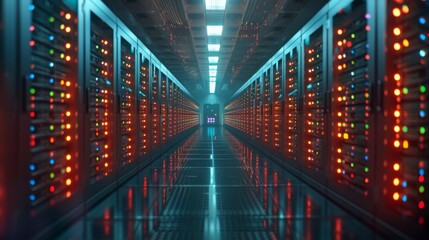 Poster - A data center with rows of servers and LEDs, symbolizing AI processing power