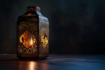 Poster - A close-up photo of a minimalist lantern with intricate patterns, glowing with soft golden light against a dark backdrop