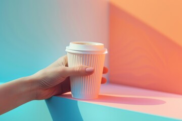 Poster - A hand holds a white, ribbed coffee cup on a minimalist desk. The background is a soft, pastel color