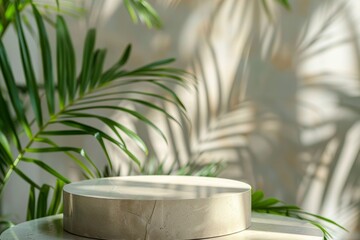 Poster - A minimalist podium sits on a table with lush palm leaves placed around it. Soft sunlight casts delicate shadows behind the podium