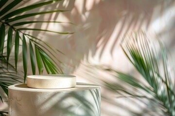 Poster - A serene scene featuring a round podium against blurred palm leaves with soft sunlight casting shadows, creating a peaceful ambiance