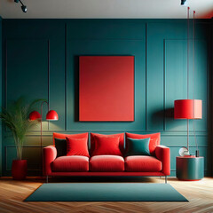 Wall Mural - Modern living room red sofa and red lamps in a room with teal wall, in the style minimal of dark teal and dark green, earthy color palettes