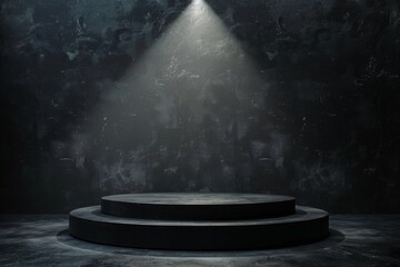 Poster - A single spotlight illuminates a black podium stage platform against a dark wall backdrop