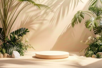 Poster - An elegant wooden podium sits on a sandy surface, surrounded by lush tropical plants and bathed in soft lighting. The studio setting provides a neutral backdrop for showcasing products