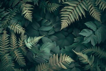 Poster - A high-angle view of an arrangement of fern leaves in various shades of green, creating a delicate and textured pattern