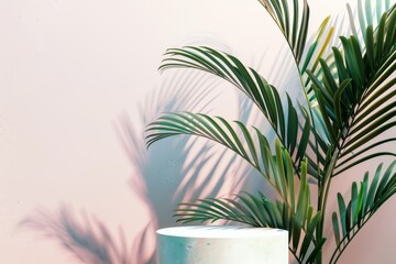 Poster - a white podium with a soft, abstract background is adorned with exotic palm leaves. the leaves cast 