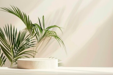 Poster - A white podium sits on a light beige surface, adorned with lush green palm leaves reaching from the left. The background is a soft, abstract beige with subtle light patterns