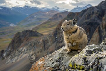 Canvas Print - A collared pika in the Talkeetna Mountains sits atop a rock on a talus slope above Hatcher Pass in Alaska. Collared pika are threatened by climate change and warming temperatures.