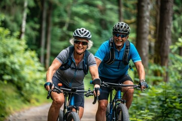 beautiful older couple with grey hair, dressed in modern athletic wear, biking together on a scenic trail.