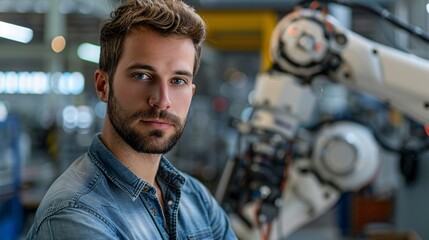 Wall Mural - portrait of male engineer on robotic arm factory