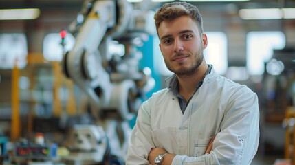 Wall Mural - portrait of male engineer on robotic arm factory