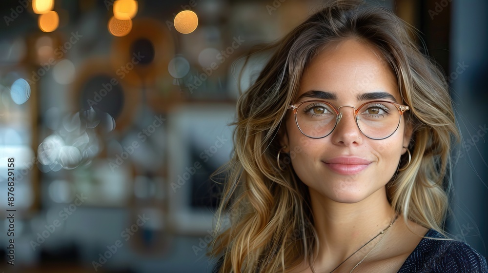 A young woman with glasses and long hair smiling in a warmly lit indoor ...
