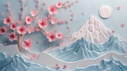 Poster - Illustration of a serene landscape with pink cherry blossoms in the foreground, mountainous terrain, and a full moon in the background, all in a paper art style.