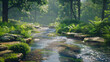 © WARIS ALI - river in the forest,  A tranquil forest stream winding through the woods, with crystal-clear water, smooth stones, and lush greenery lining the banks, providing a serene, calming view