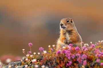 Wall Mural - An arctic ground squirrel on the tundra in Alaska with small flowers