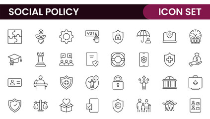 Set of Social Policy and Insuranceline icons. Outline icon collection related to education, insurance, law, goverment and more.