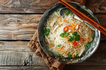 Wall Mural - Asian soup with rice noodles, chicken and vegetables in ceramic bowl served with spoon and chopsticks on rustic wooden background from above, Chinese or Thai cuisine