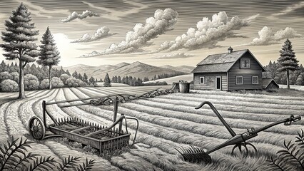 Rustic black and white illustration of a rural landscape depicting a vacant countryside field with tools and a plow, evoking a sense of farm labor.