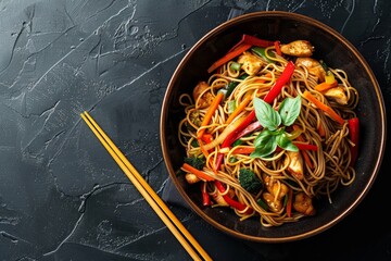 Wall Mural - Bowl with Asian chicken stir fry soba noodles with vegetables on dark black stone background from above, Chinese Thai or Japanese noodles dish with soy sauce