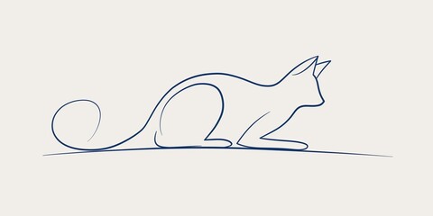 A cat is shown in a blue line drawing. The cat is crouched down and he is looking at something. The image has a calm and peaceful mood, as the cat is not in motion and is simply sitting still