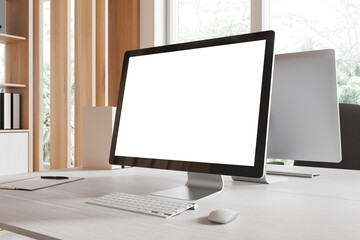 Poster - Modern business interior with pc computer on table with mockup screen