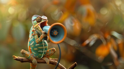 Colorful Chameleon Holding a Megaphone on a Branch in a Vibrant Natural Setting