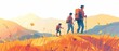 © thowithun - Father and kids hiking at sunset, close up, focus on, colorful tones, adventurous outing , rule of thirds composition shot, a flat design style with pastel colors isolated on a whi