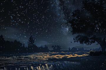 Wall Mural - A dark night sky with a tree in the foreground