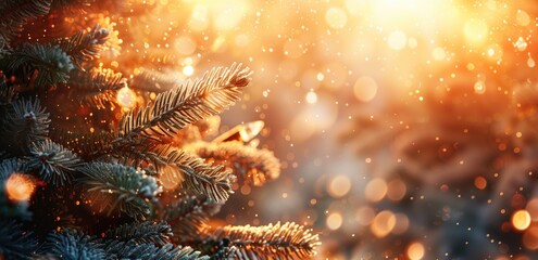 Wall Mural - Closeup of frosted pine tree branches with festive golden bokeh lights and snowfall. Holiday season, winter background, Christmas decoration, festive atmosphere, seasonal celebration concept.