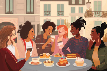 A group of women are sitting around a table with food and drinks, smiling