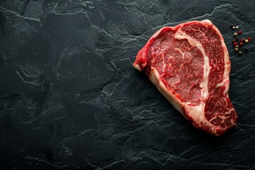 Sticker - Close-up of raw marbled meat steak Ribeye on black rustic stone background ready for cooking, roasting, grill or BBQ party, top view. Meat restaurant concept