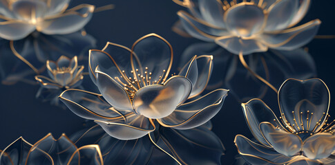 Wall Mural - 3D wallpaper, 4 lotus flowers in a line art style on a dark blue background, with a golden light effect, transparent and white, high resolution, with lots of details.


