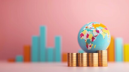 Poster - Global Growth and Success with Stacked Gold Coins and a Globe on a Pink Background.