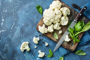 Fresh organic cut cauliflower on wooden cutting board with kitchen knife, ready to be cooked, top view with copy space. Vegetarian food, clean eating concept with free space for text.