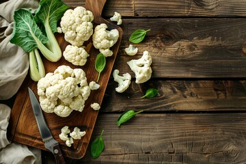 Fresh organic cut cauliflower on wooden cutting board with kitchen knife, ready to be cooked, top view with copy space. Vegetarian food, clean eating concept with free space for text.