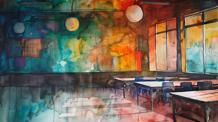 Poster - a colorful room with a chalkboard on the wall