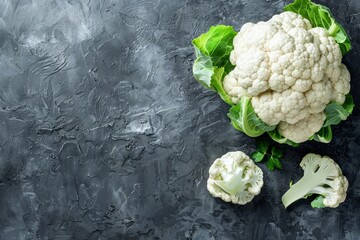 Wall Mural - Fresh whole organic white cauliflower on dark stone vintage background table, ready to be cooked, top view with copy space. Vegetarian food, clean eating concept .