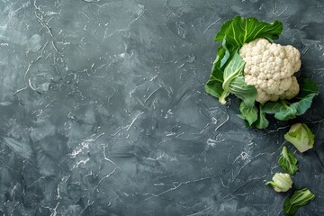 Wall Mural - Fresh whole raw organic white cauliflower on dark stone vintage background table, ready to be cooked, top view. Vegetarian food, clean eating concept .