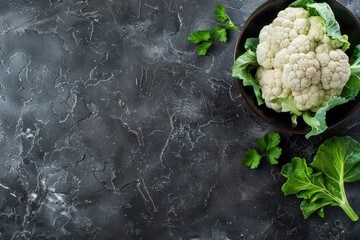 Wall Mural - Fresh whole raw organic white cauliflower on dark stone vintage background table, ready to be cooked, top view. Vegetarian food, clean eating concept .