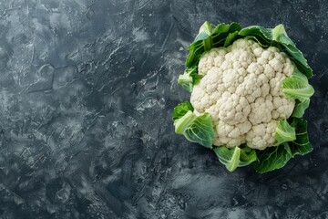 Wall Mural - Fresh whole raw organic white cauliflower on dark stone vintage background table, ready to be cooked, top view. Vegetarian food, clean eating concept .