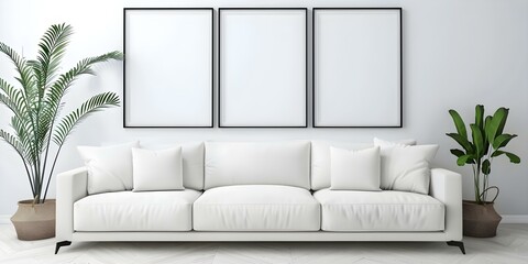 Wall Mural - Display of Empty Picture Frames in Contemporary Living Room with White Sofa and Plants. Concept Living Room Decor, Picture Frames, Contemporary Design, White Sofa, Plants