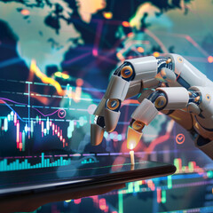 Poster - Concept of artificial intelligence, machine learning, and finance featuring a digital tablet on a businessman's hand, with a robot head, stock market candlesticks, graphs, and a world map background.