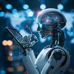 Poster - Concept of artificial intelligence, machine learning, and finance featuring a digital tablet on a businessman's hand, with a robot head, stock market candlesticks, graphs, and a world map background.