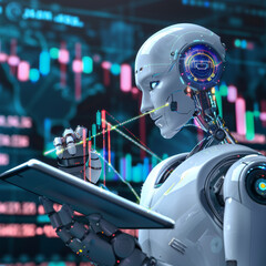 Poster - Concept of artificial intelligence, machine learning, and finance featuring a digital tablet on a businessman's hand, with a robot head, stock market candlesticks, graphs, and a world map background.