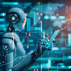 Poster - Concept of artificial intelligence, machine learning, and finance featuring a digital tablet on a businessman's hand, with a robot head, stock market candlesticks, graphs, and a world map background.