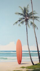 Wall Mural - Surfboard at the summer beach and coconut tree outdoors nature sports.