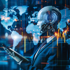 Poster - Concept of artificial intelligence, machine learning, and finance featuring a digital tablet on a businessman's hand, with a robot head, stock market candlesticks, graphs, and a world map background.