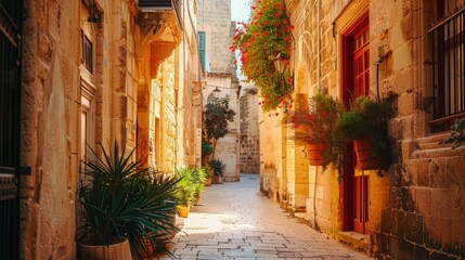  View of a narrow street in the old town of Mdina, Malta 